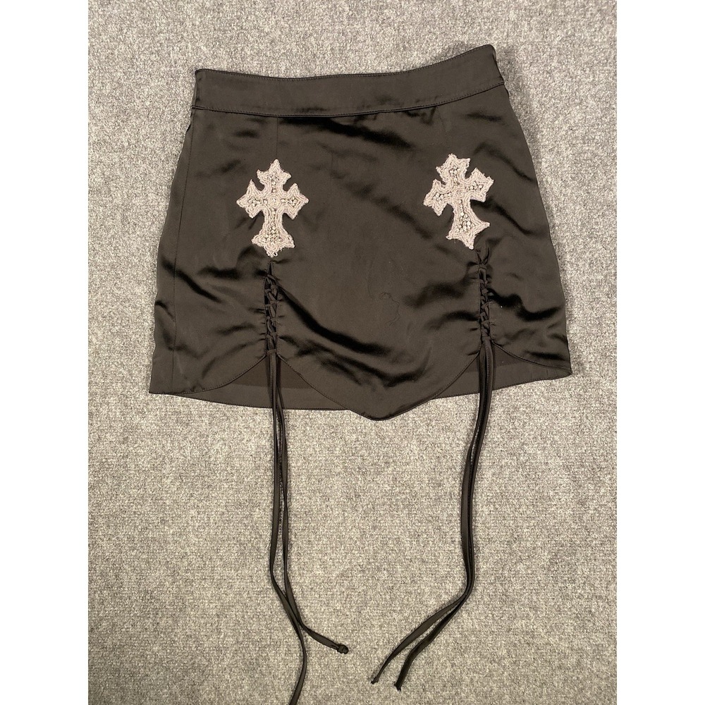 Sugar Thrillz Micro Mini Skirt Cross Patches Laces Sz S Goth, Rave, Festival